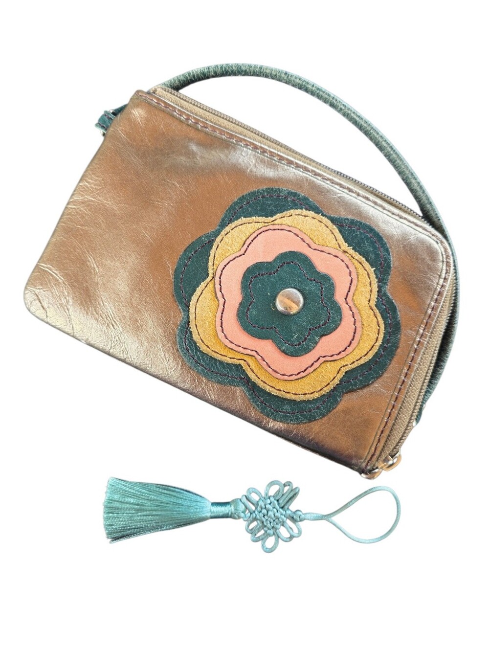 Fossil Metallic Bronze Leather Wallet Wristlet Floral Appliqué+Lucky Knot Tassel
